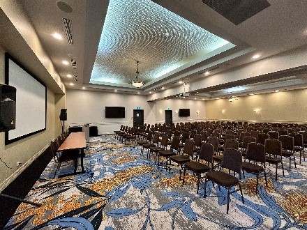 Function room set with long dining tables